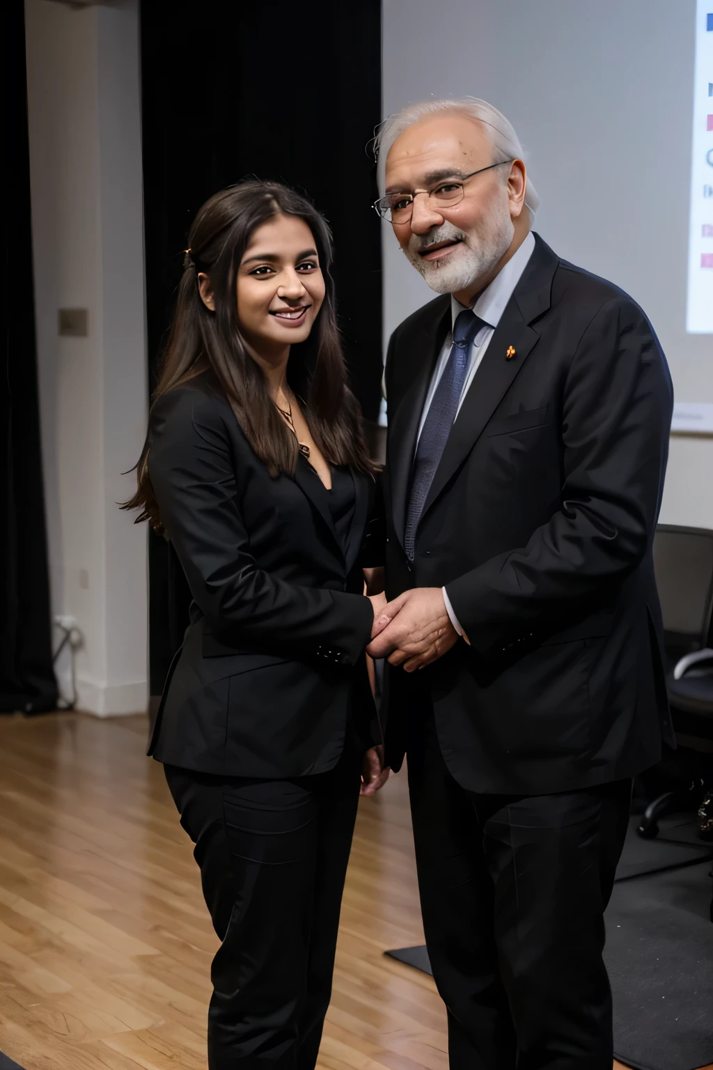 ((best quality)), ((masterpiece)), (detailed),
A 21 year old beautiful Indian girl with long hair smiling face beautiful eyes standing on a stage attending a seminar talking in microphone bun hairstyle wearing black suit coat pant handshake with another old aged little white beard man prime minister wearing full pic long distance