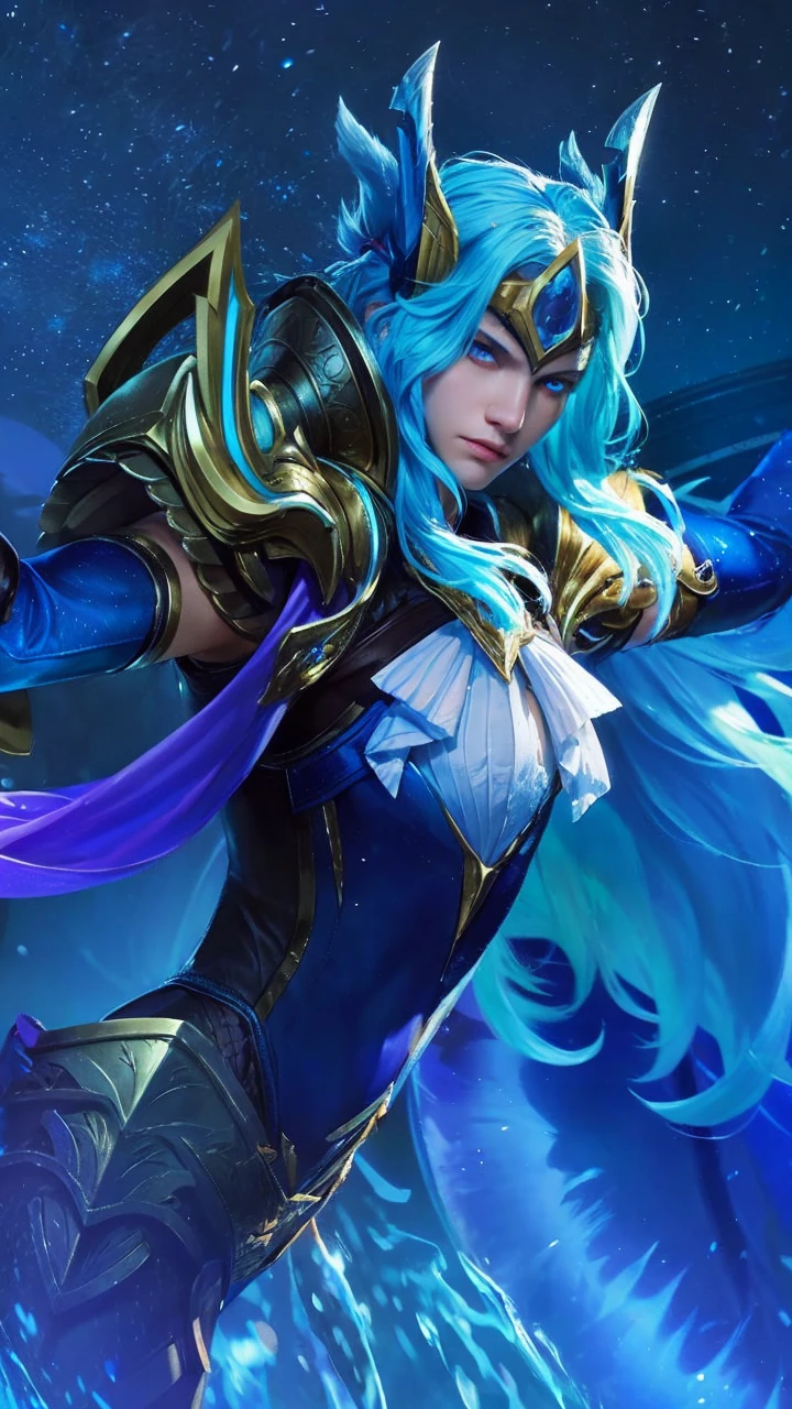 a close up of a boys with blue hair and a sword, ashe, portrait knights of zodiac boys, artgerm detailed, dream artgerm, official splash art, artgerm lau, style artgerm, artgerm, high detail, realistic