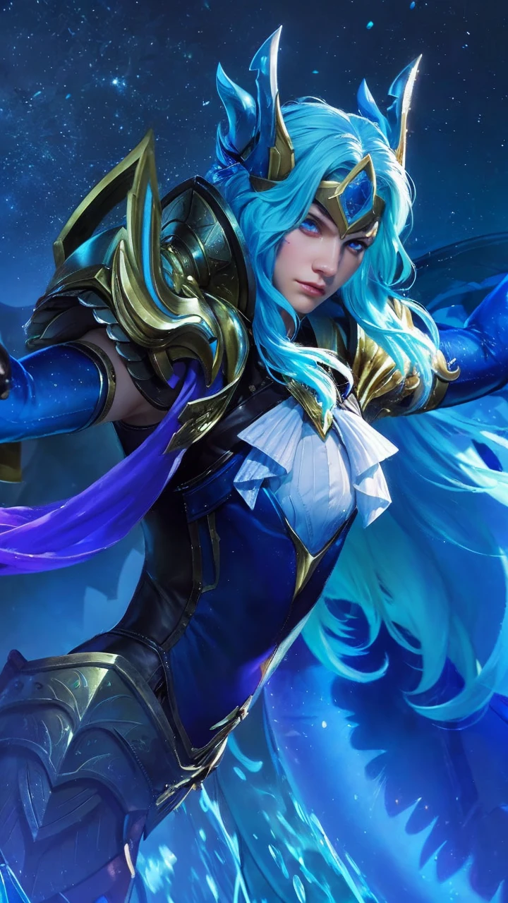 a close up of a boys with blue hair and a sword, ashe, portrait knights of zodiac boys, artgerm detailed, dream artgerm, official splash art, artgerm lau, style artgerm, artgerm, high detail, realistic