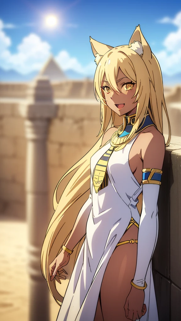 (1girl ,solo,20s,mature female),blonde hair,long hair,cat ears,yellow eyes,(((dark skin))),(Egypt, blue sky, sun),white egypt oufit,bare shoulders,looking at view,open mouth,smile
