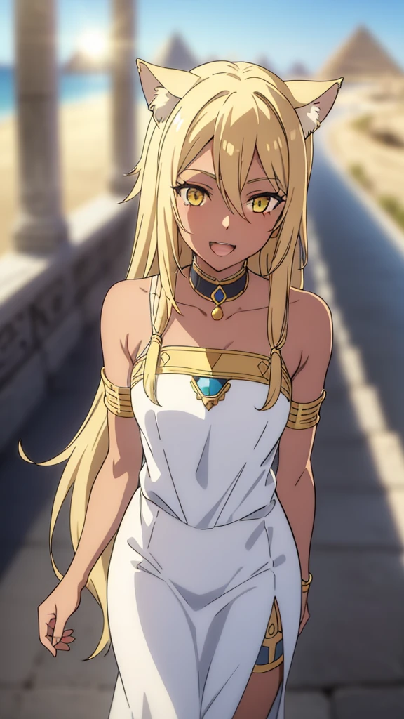 (1girl ,solo,20s,mature female),blonde hair,long hair,cat ears,yellow eyes,(((dark skin))),(Egypt, blue sky, sun),white egypt oufit,bare shoulders,looking at view,((in love,blush)),serious