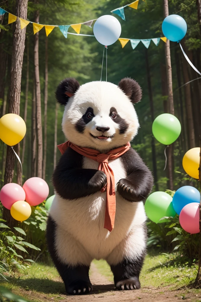 a panda with brown tied up hair with bangs happy in colorful outfit in a forest with party balloons
