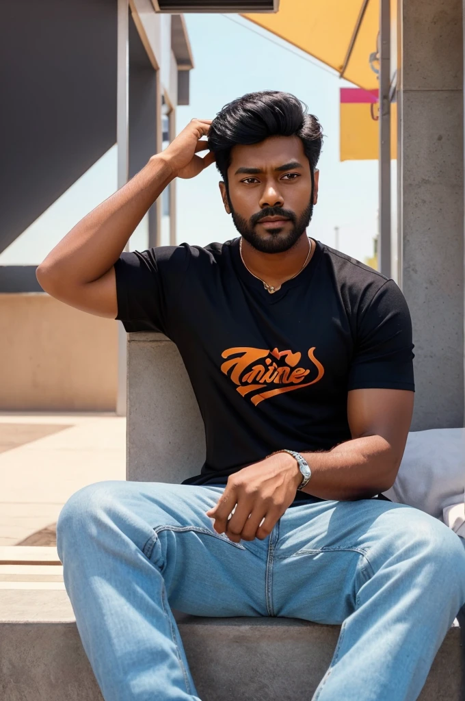 "Create a 3D illustration of an animated character of a handsom boy sitting casually on top of a social media logo "INSTAGRAM". The character must wear modern Indian clothes. The background of the character is mockup of his YouTube profile page with a profile name "the_king_of_jai_surya" and a profile picture same as character."