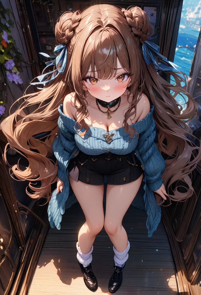 (masterpiece), best quality, very aesthetic, newest, absurdres, detailed, high quality
BREAK
highest quality, top quality, details, highres, ultra fine painting, digital art, official art, cinematic, 4k, 8k resolution, 8K CG wallpaper, CG, original artwork, detailed background, colorful background, blue atmosphere, High Dynamic Range, blurry background, blue hour, Starburst effects, crepuscular rays, good ISO, high resolution, wide shot, from far away, RAW photo, POV, sharp focus, light reflection, reflections, intricate details, soft light, particle noise, professional photography, bokeh, depth of field, natural lighting, vibrant colors, looking away, detailed lights and shadows, stylish, ultra-detailed, top rated on Pixiv, trending on Artstation, niji style, modern-days, master crafted, pose
BREAK
solo, close up shot, from above, 1girl, pale skin, correct fingers, detailed hand, (big breasts:1.2), big thighs, small torso, short body, flushtered, blush, anxious expression, embarassed, embarassed act, casual, slim, ((cute, childlike face):1.3), nice hips, nice body, brown hair, (very long flowing hair), (big 2 buns hairstyle)), long bangs, long hair, middle hair bangs, brown eyes
BREAK
(one-piece off shoulders sweater, sweater reaching down to her thighs, stockings, choker, fashion gloves, full body pose)
BREAK
Hanging clothes, folded clothes, walls, changing room, wardrobe