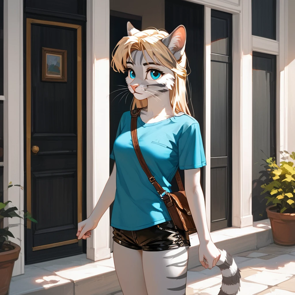 score_9,score_8_up,score_7_up, source_furry, first colors, kat, (masterpiece, best quality:1.2), an anthro furry feline girl, silver fur, grey stripes, pink nose, solo, :3, blue eyes, white whiskers, short blonde hair, pony tail, side locks, tall body, wearing short blue tunic, leather straps, brown strapped leather shorts, standing
