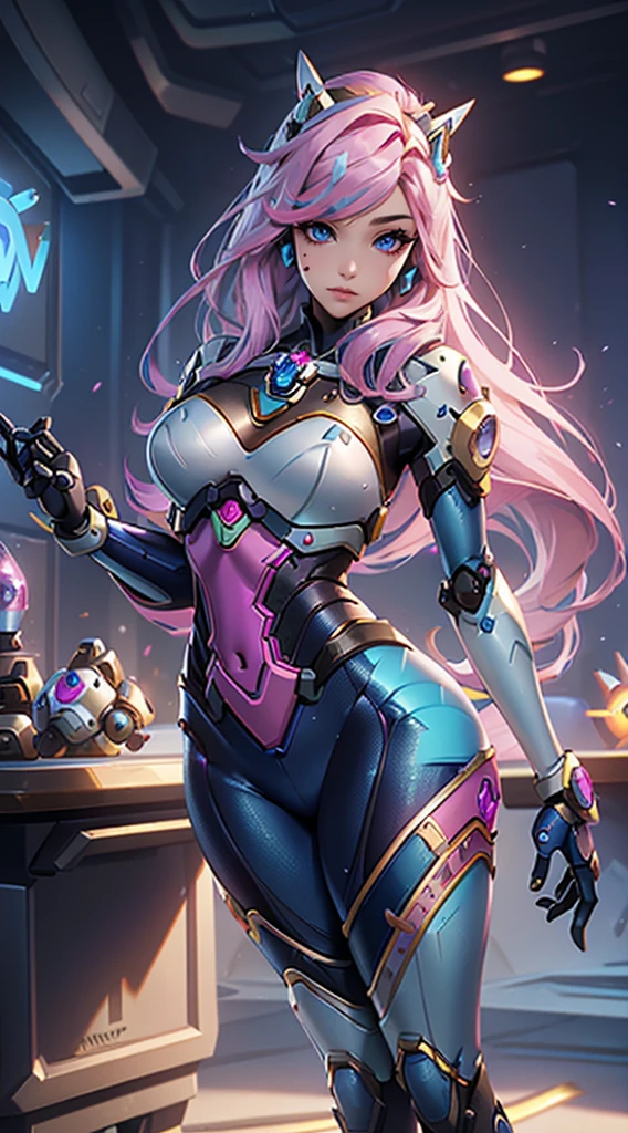 best qualityer，Masterpiece artwork，Final resolution，Soft，extremely colorful，de cor，Mermaid princess，(d.Go to Overwatch wearing your original blue suit:1.4)，black suspender stockings，Starry Android!,8K more detailed.engine unreal:1.4,uhd,La best qualityer:1.4, photorrealistic:1.4, texture skin:1.4, Masterpiece artwork:1.8,Masterpiece artwork, best qualityer,object object], (detailed facial features:1.3),(Blue robotic laboratory:1.4),(long pink hair:1.4),（descrição bonita e detalhada dos olhos）,(hands:1.4)