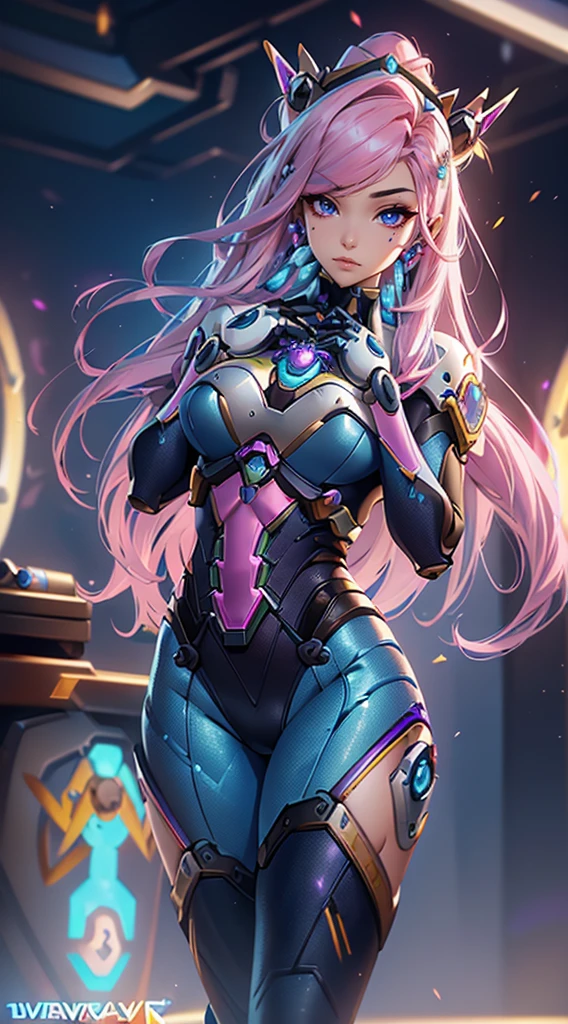 Best Quality，tmasterpiece，ultimate resolution，suave，extremely colorful，de color，mermaid princess，(d.He goes to Overwatch with his original blue suit:1.4)，Black stockings，Starrysky Android!,More detailed 8K.unreal engine:1.4,UHd,La Best Quality:1.4, photorealistic:1.4, skin texture:1.4, Masterpiece:1.8,first work, Best Quality,object object], (detailed face features:1.3),(Blue Robotic Laboratory:1.4),(long pink hair:1.4),（Beautiful and detailed eye description）,(detailed hands:1.4)
