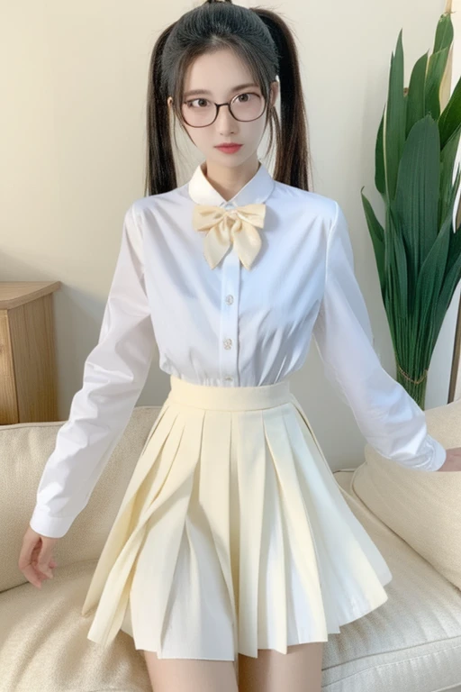 Highest quality、masterpiece、High sensitivity、High resolution、Detailed Description、Slender women、Slim Body、Glasses、ponytail、uniform、