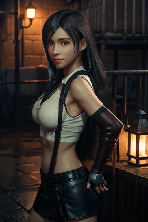 Tifa Lockhart in work clothes as a mechanic in the rain, her body is hard to see because of the rain dark evening fantasy city against the backdrop of stone houses art fantasy middle ages background middle ages style middle ages fantasy