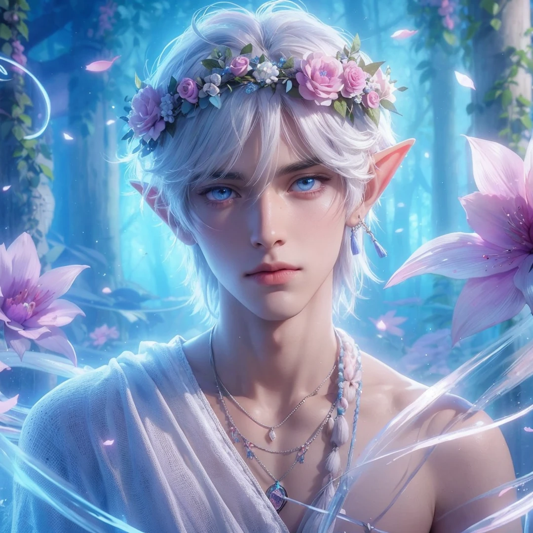 Handsome boy, white hair, white eyes, wearing light blue and pink flower crown, wearing white indian loin-cloth, elf ear, "surrounded by light blue, pink, and purple light, magic forest background