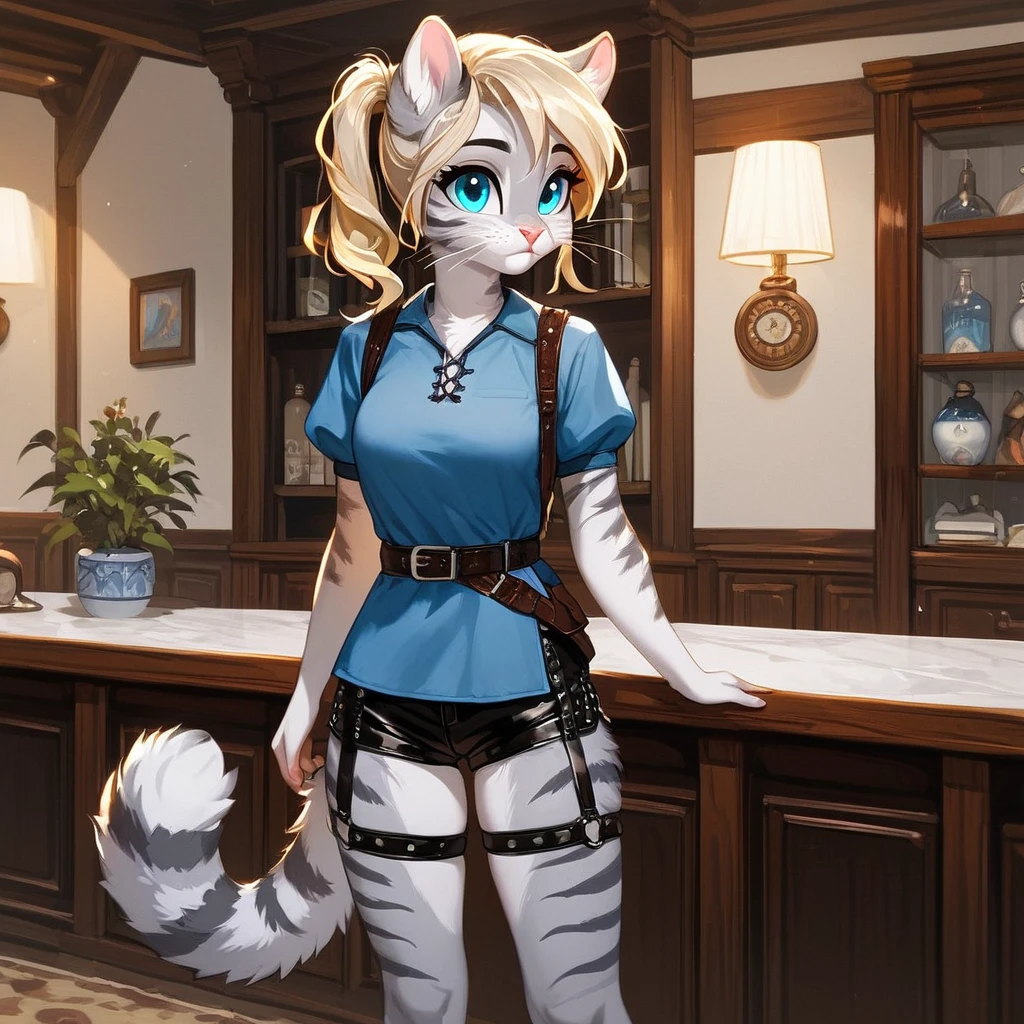 score_9,score_8_up,score_7_up, source_furry, first colors, kat, an anthro furry feline girl, silver fur, grey stripes, pink nose, :3, blue eyes, white whiskers, short blonde hair, pony tail, side locks, tall body, wearing short blue tunic, leather straps, brown strapped leather shorts, standing, indoors