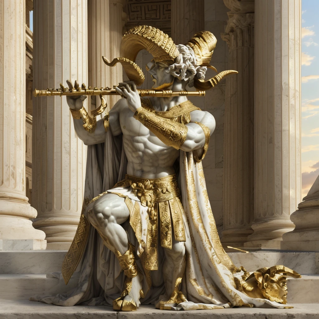 roman statue, greek statue, marble statue texture, marble texture, satyr playing a flute on a staircase, horned satyr, furry goat legs, satyr, faun, greek mythology, greek myth, ancient greek tunic and cloak with gold embroidery, before a Greek temple