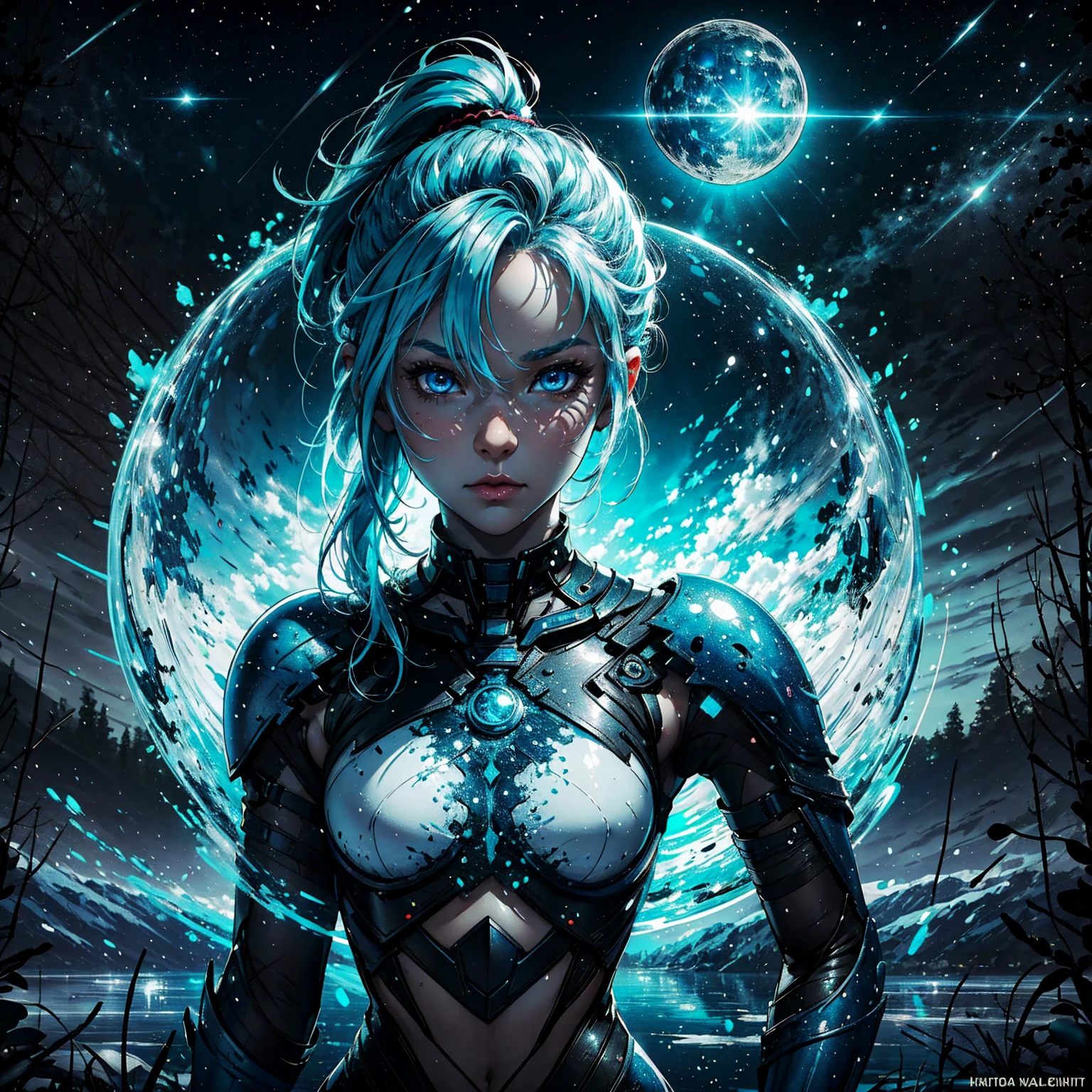 1girl, (solo), short ponytail hair, light blue hair, flat chest, small size, blue eyes, fair skin, full nude, full body, lot of cum on sex, (night), blue moon, frozen lake, forest behind, (very sexy body, detailed face, beautiful detailed eyes, beautiful detailed lips, extremely detailed eyes and face, masterpiece, highly detailed, 8k, best quality, vibrant colors, digital art, concept art)