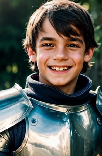 A male knight, a glowing expression on his face, happy, laughing, a look of purity and innocence on his face, no helmet, face