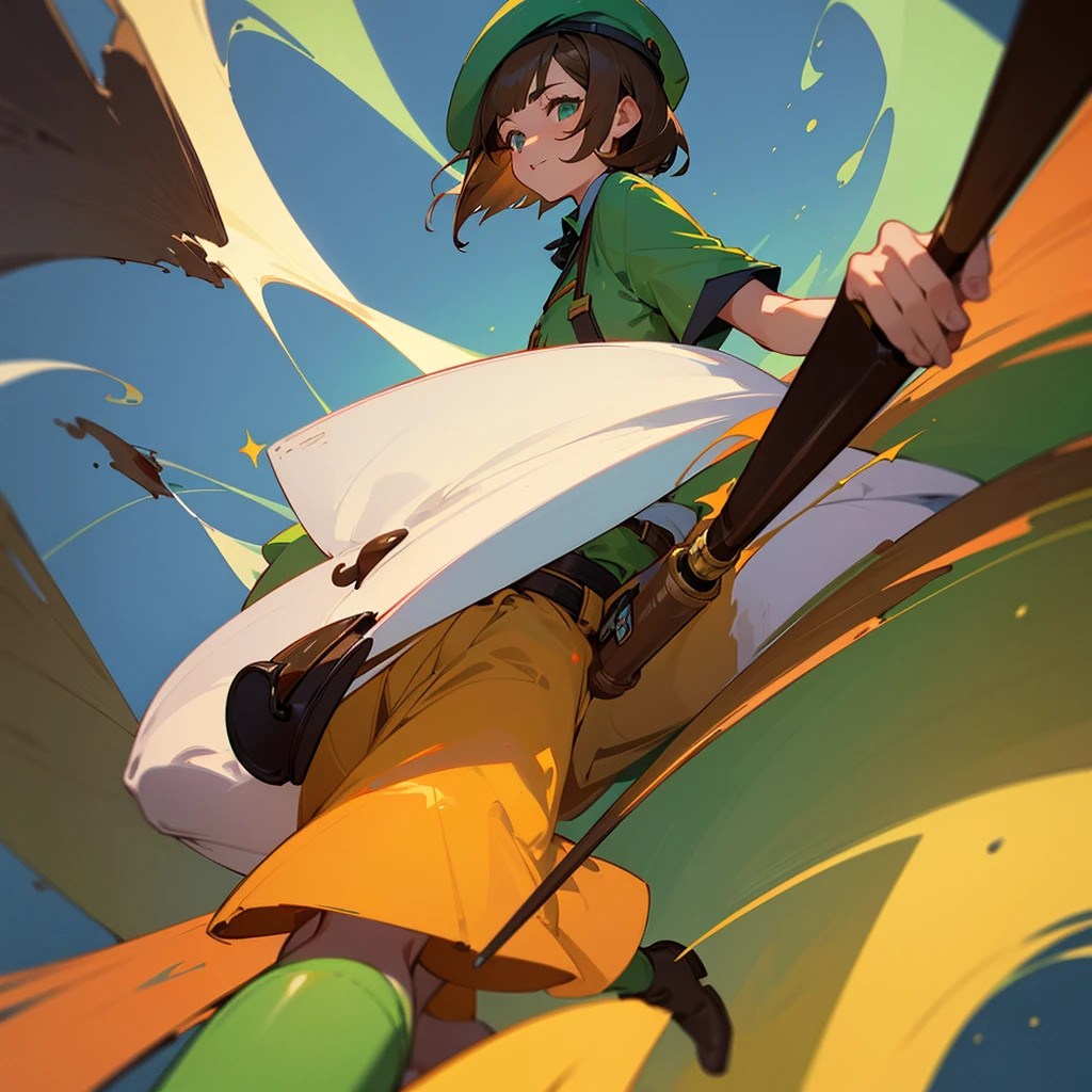 a beautiful young girl with chocolate brown hair in a short japanese bob haircut, wearing a cocoa brown beret painter's hat with a paintbrush insignia, a lime green artist smock over a white shirt, a green belt, a cyan green panel skirt, white socks, and light brown mary jane shoes, in a starry night sky, happily using a magic paintbrush to draw artwork around her that comes to life