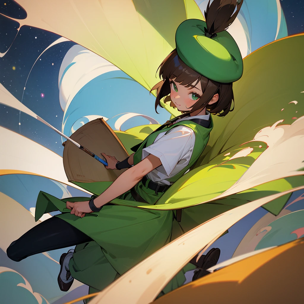 a beautiful young girl with chocolate brown hair in a short japanese bob haircut, wearing a cocoa brown beret painter's hat with a paintbrush insignia, a lime green artist smock over a white shirt, a green belt, a cyan green panel skirt, white socks, and light brown mary jane shoes, in a starry night sky, happily using a magic paintbrush to draw artwork around her that comes to life