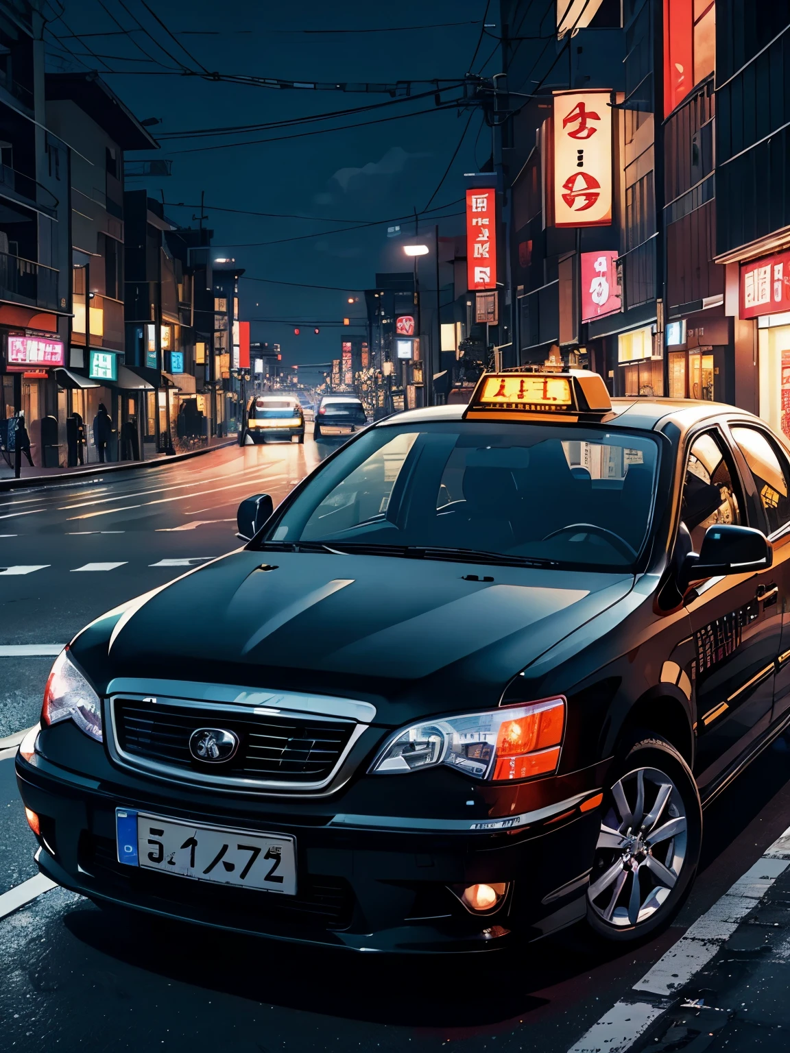 A Japanese taxi parked on the side of the road in the middle of the night、Black Taxi、Dark and mysterious atmosphere at night、Pitch black