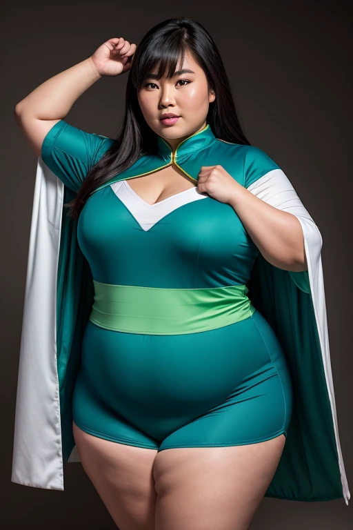 fat asian woman, wearing blue and green superhero uniform with a white cape.