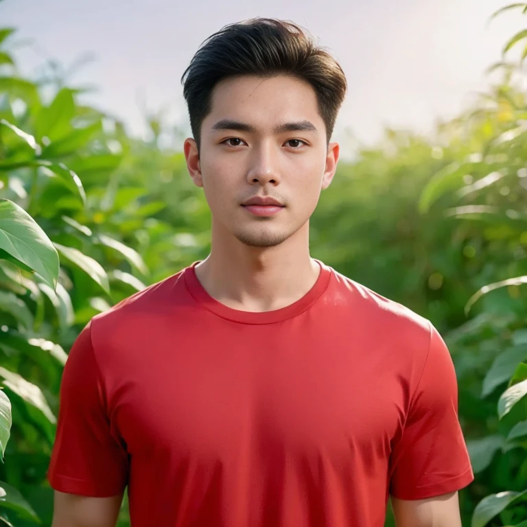 Haraf man looking at camera, perfect has a round face, Southeast Asian man with a round face, 3-D profile picture, 8K, 45,000,000 pixcls, realistic light colors, beautiful young asian man, Asian man, charming anime, Comfortable pose, Anime Asian man in real life, Handsome man with perfect body,Wear a jeans shirt., Freestyle photo of a handsome young man, ผู้Asian manที่สวยงาม, The character is in her natural pose.,