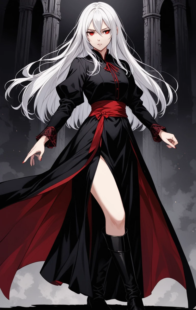 Girl, 20 years old, with long white hair down to below her waist, a serious yet tender expression, and red eyes. Her hair features black streaks. She wears antique-style clothing, a long black dress with a slit on the legs, and high black boots that almost reach her knees. Her power and background are related to shadows and darkness. dark escense, figth stance