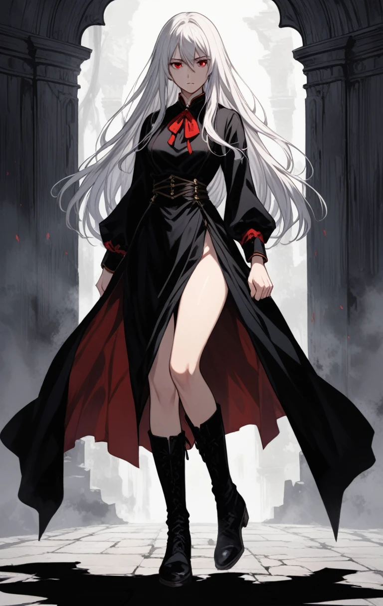 Girl, 20 years old, with long white hair down to below her waist, a serious yet tender expression, and red eyes. Her hair features black streaks. She wears antique-style clothing, a long black dress with a slit on the legs, and high black boots that almost reach her knees. Her power and background are related to shadows and darkness. dark escense, figth stance