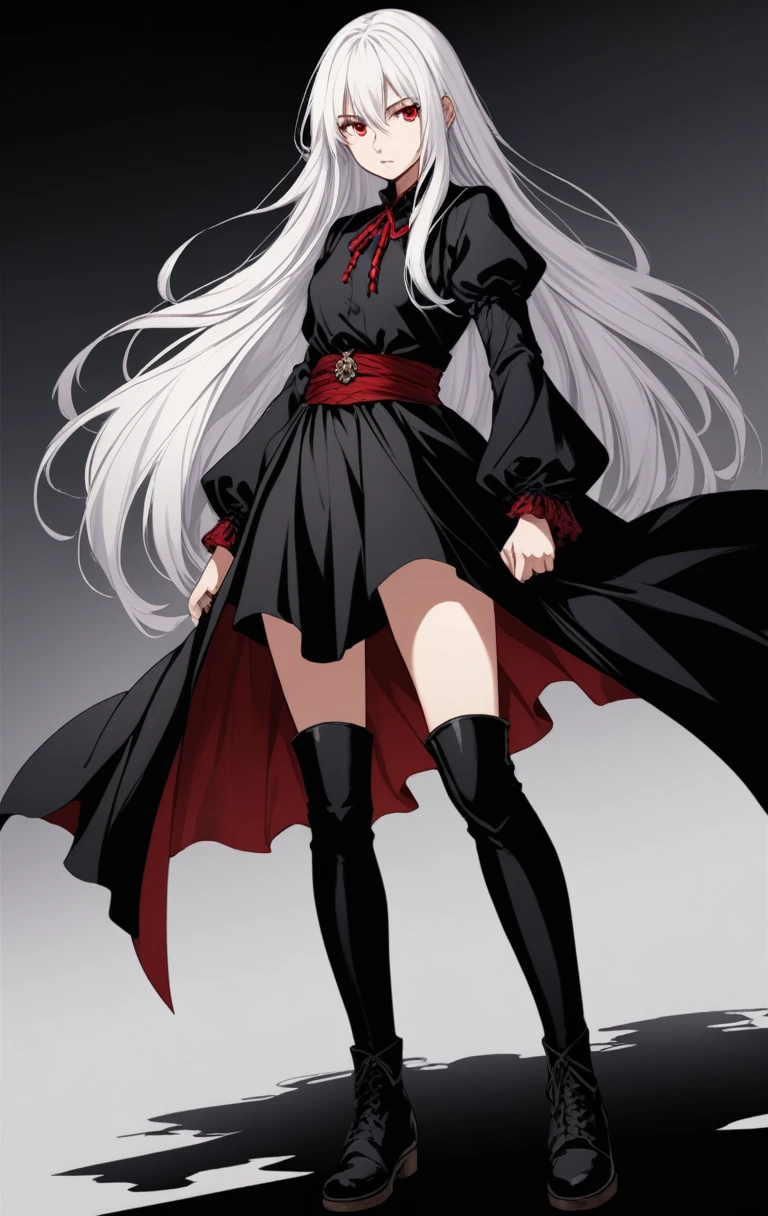 Girl, 20 years old, with long white hair down to below her waist, a serious yet tender expression, and red eyes. Her hair features black streaks. She wears antique-style clothing, a long black dress with a slit on the legs, and high black boots that almost reach her knees. Her power and background are related to shadows and darkness. dark escense, figth stance