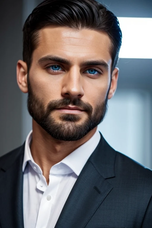 man, Russian, black hair, blue eyes, square jaw, barba, wearing a suit