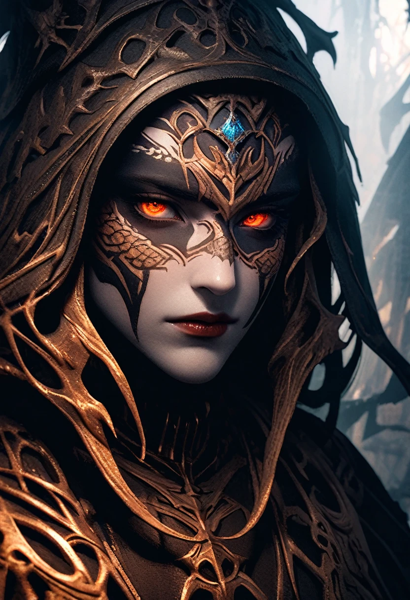 An intense, high-contrast close-up portrait of a cosmic Cthulhu priest in a dark fantasy setting. The subject is adorned with intricate tattoos and makeup, reflecting the cosmic symbols of Cthulhu. The high-contrast style creates a dramatic visual effect, with dark shadows and bright highlights on the subject's face. The background is dark and moody, enhancing the overall eerie ambiance of the image., portrait photography, dark fantasy, photo