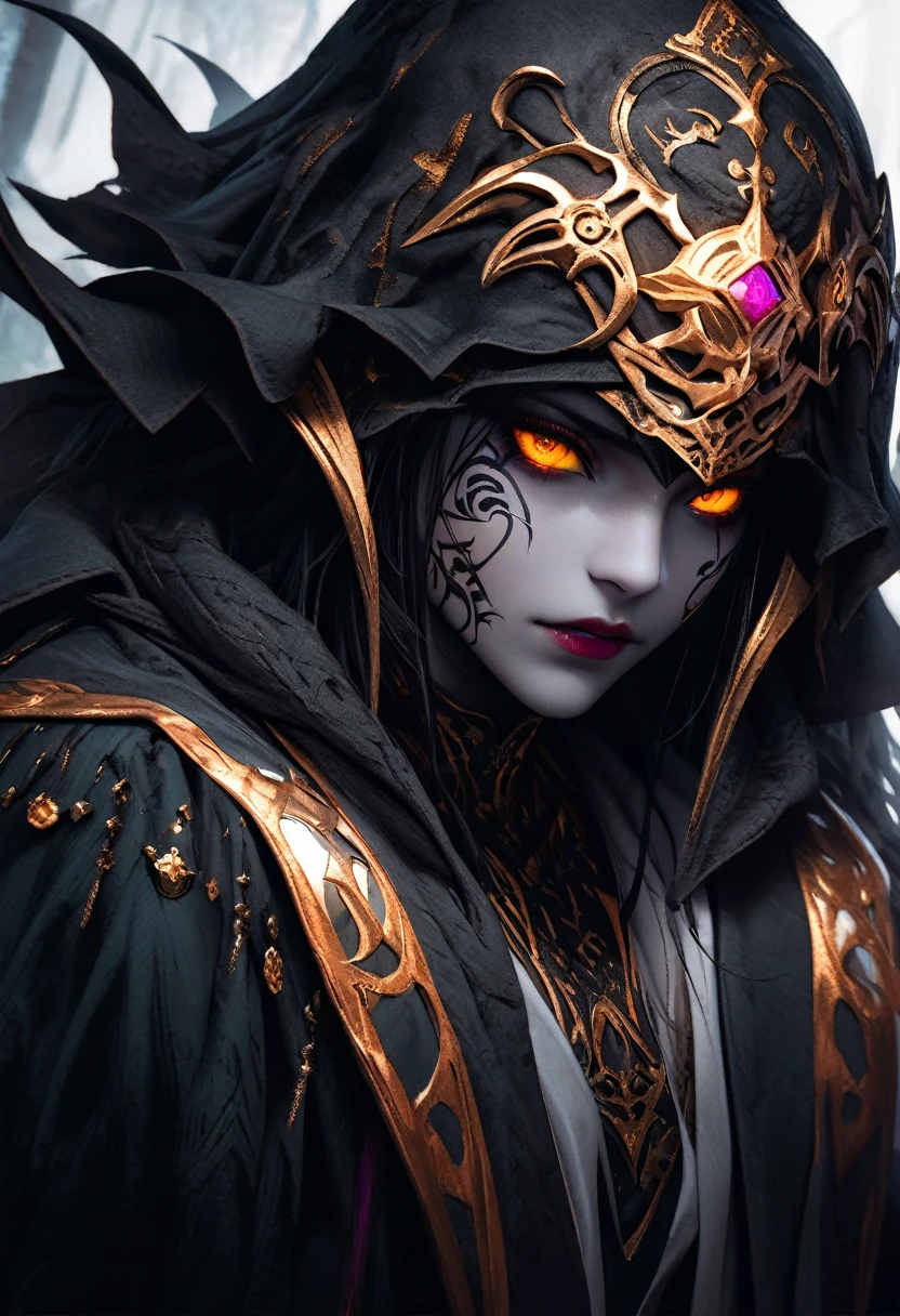 An intense, high-contrast close-up portrait of a cosmic Cthulhu priest in a dark fantasy setting. The subject is adorned with intricate tattoos and makeup, reflecting the cosmic symbols of Cthulhu. The high-contrast style creates a dramatic visual effect, with dark shadows and bright highlights on the subject's face. The background is dark and moody, enhancing the overall eerie ambiance of the image., portrait photography, dark fantasy, photo