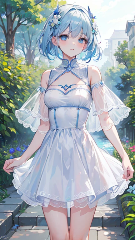 (best quality,4K,high resolution,Extremely detailed,Practical:1.2),,Light blue hair, beautiful blue eyes,Beautiful and delicate lips , Friendly Smile,garden , flat chest , whole body , Adult girl , looking into camera , White dress