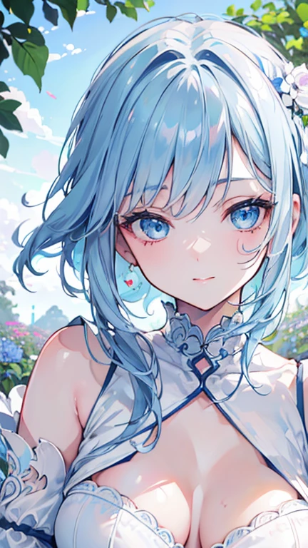 (best quality,4K,high resolution,Extremely detailed,Practical:1.2),,Light blue hair, beautiful blue eyes,Beautiful and delicate lips , Friendly Smile,garden , flat chest , whole body , Adult girl , looking into camera , White dress