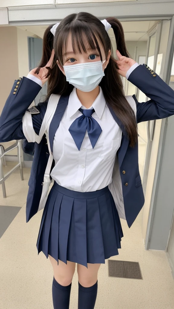 semi-long、mask、high school girl、cute、Double、uniform