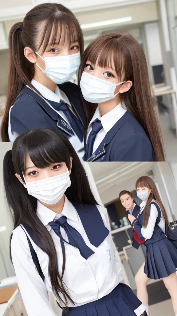 semi-long、mask、high school girl、cute、Double、uniform