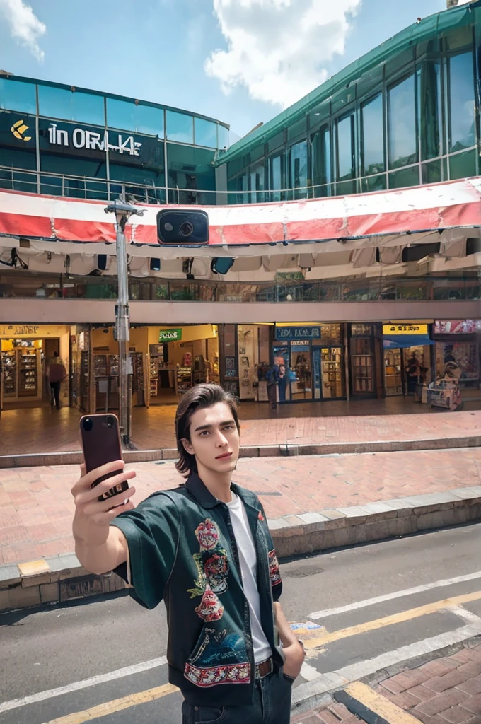Young handsome slim brunette man taking selfie realistic 8k, in a shopping center, high quality background