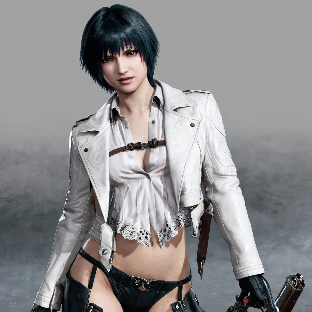 lady (from devil may cry), white jacket, black panties, black hair, short hair
