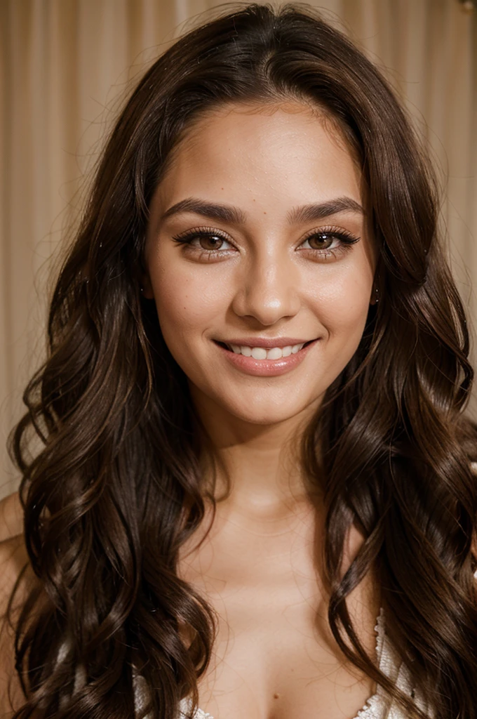 26 year old Latina glamor model, detailed eyes, eyelashes, forehead, long wavy hair, brown hair, looking at viewer, smile, full face only