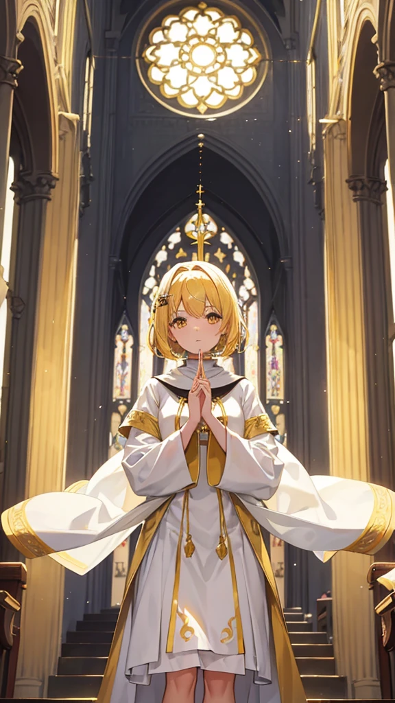 Priest , gold hair, yellow sparkling eyes, white cute clothes, stands in cathedral, holds finger at her mouth