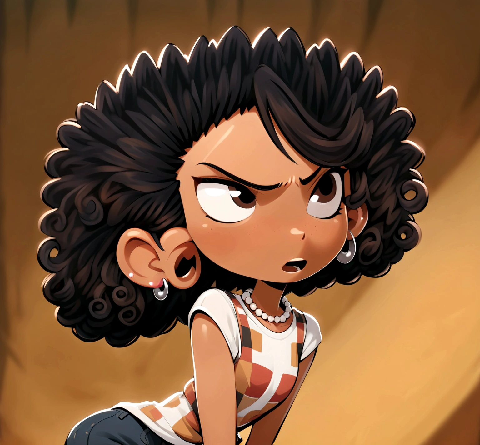 Create a cartoon-style image of a teenage girl with curly red hair, wearing a plaid tank top over a white t-shirt, a pearl necklace, jeans, and earrings.