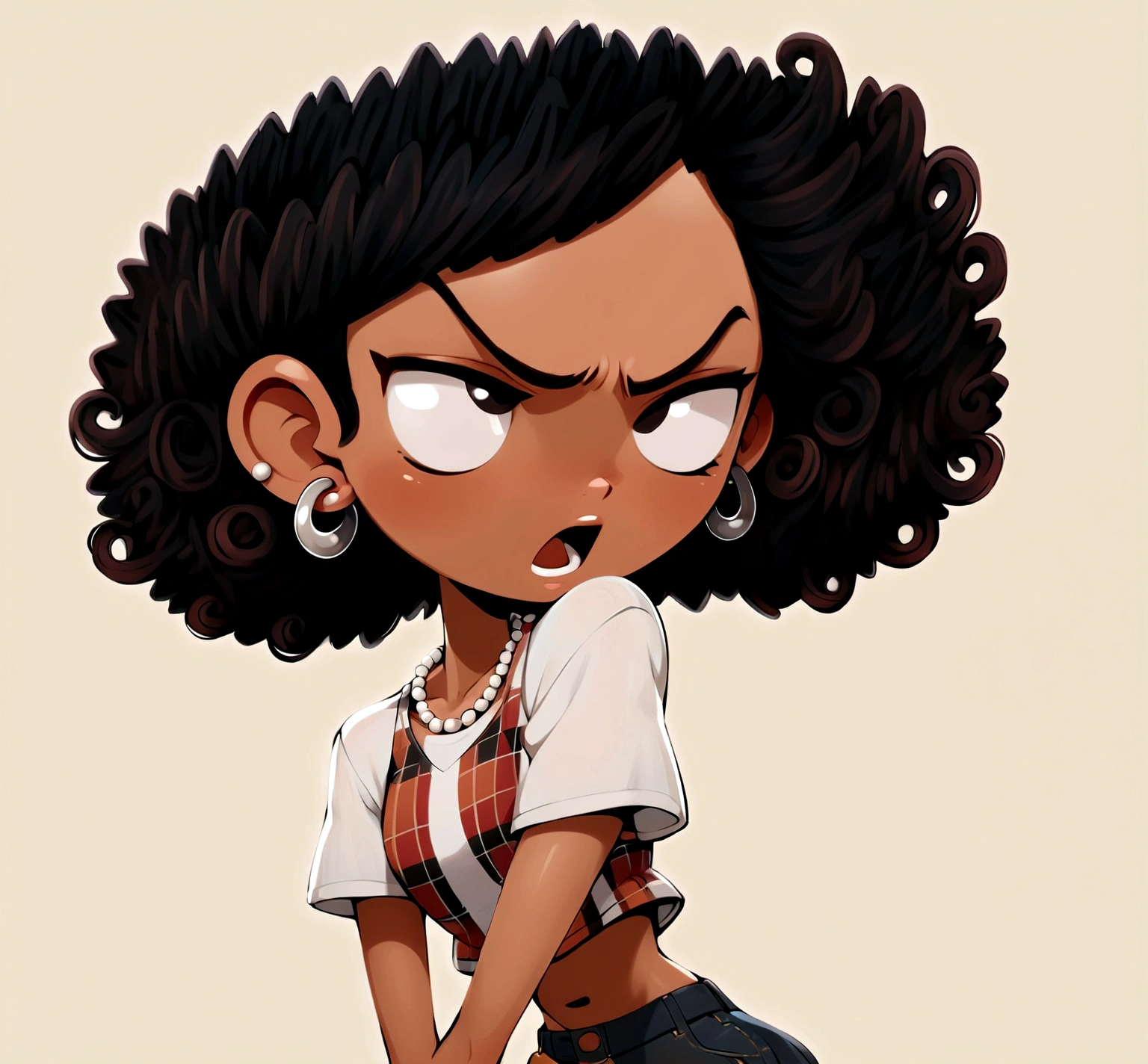 Create a cartoon-style image of a girl with curly red hair, wearing a plaid tank top over a white t-shirt, a pearl necklace, jeans, and earrings.