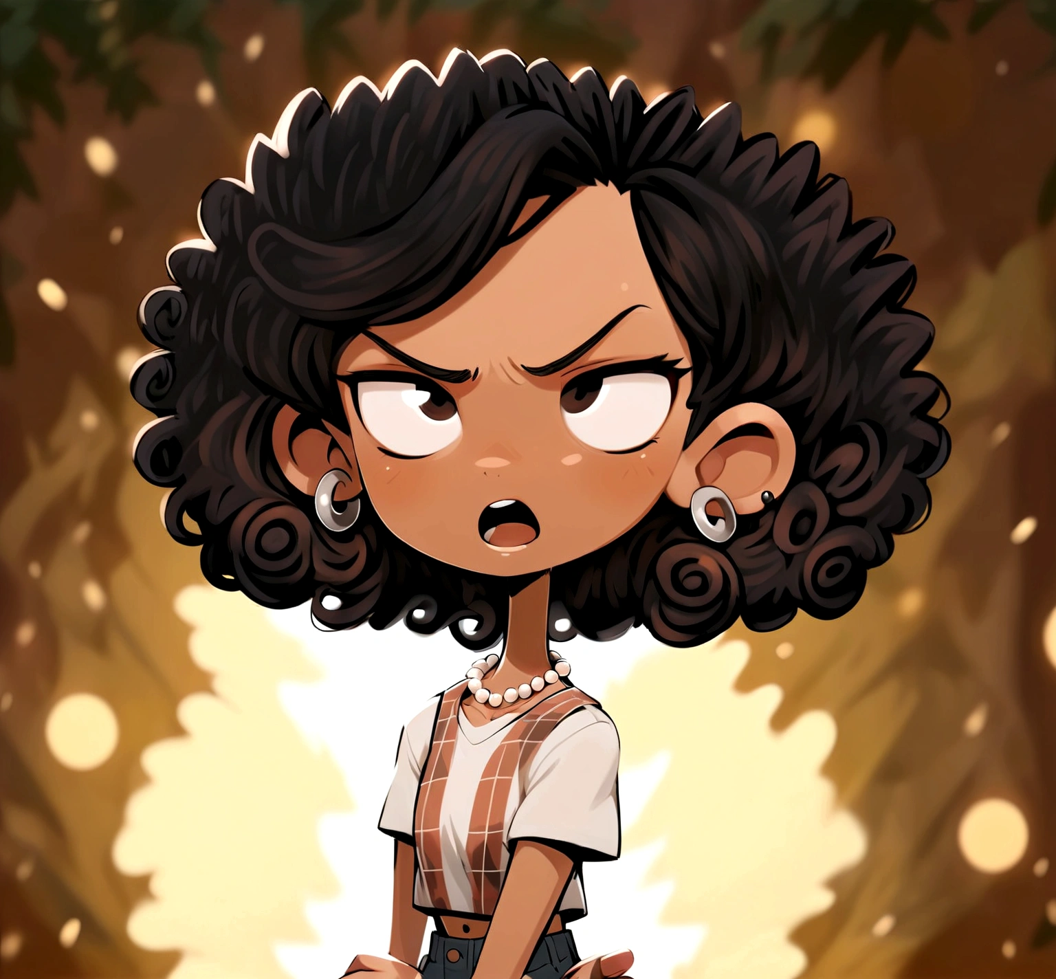 Create a cartoon-style image of a girl with curly red hair, wearing a plaid tank top over a white t-shirt, a pearl necklace, jeans, and earrings.