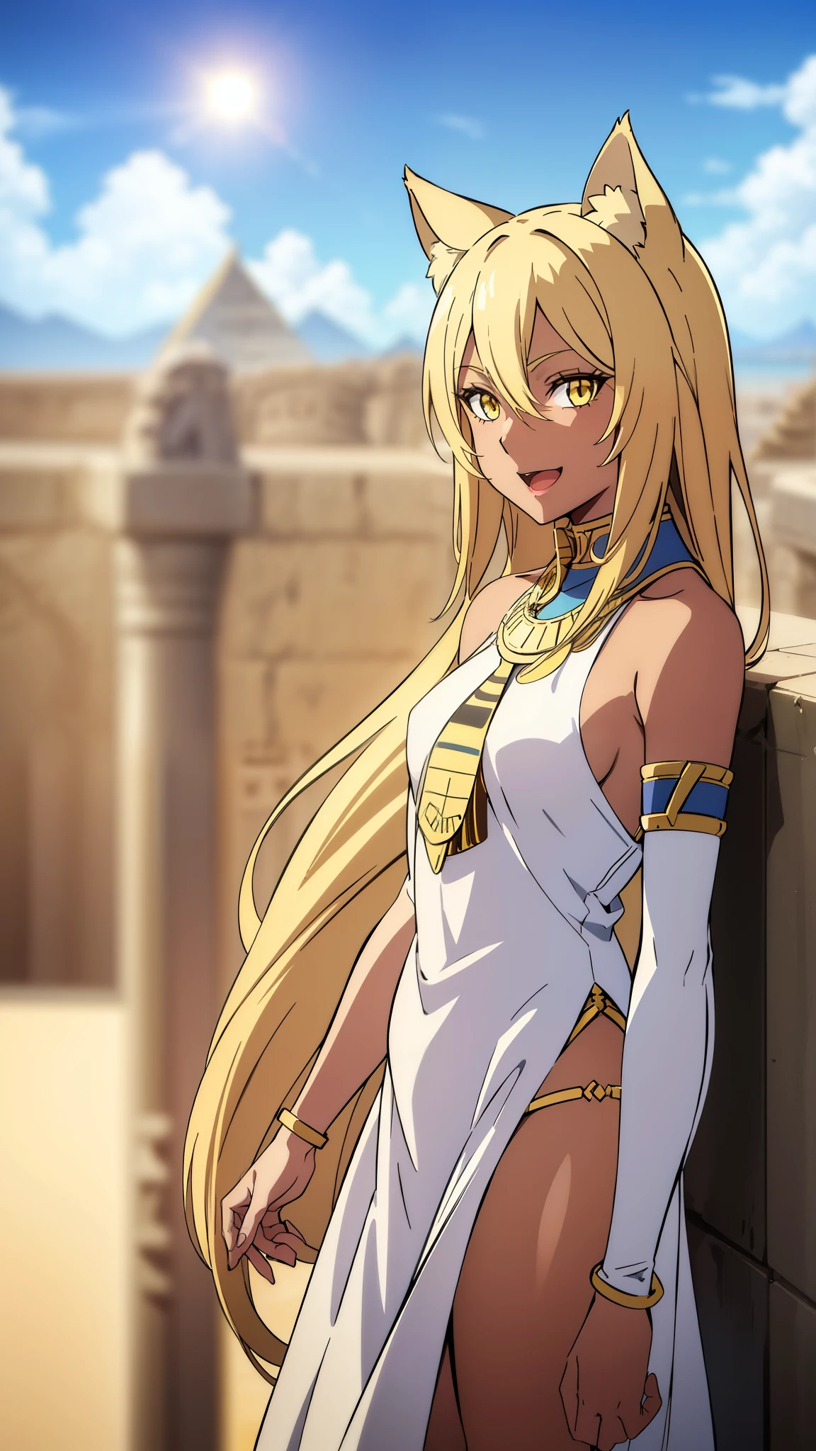 (1girl ,solo,20s,mature female),blonde hair,long hair,cat ears,yellow eyes,(((dark skin))),(Egypt, blue sky, sun),white egypt oufit,bare shoulders,looking at view,open mouth,smile