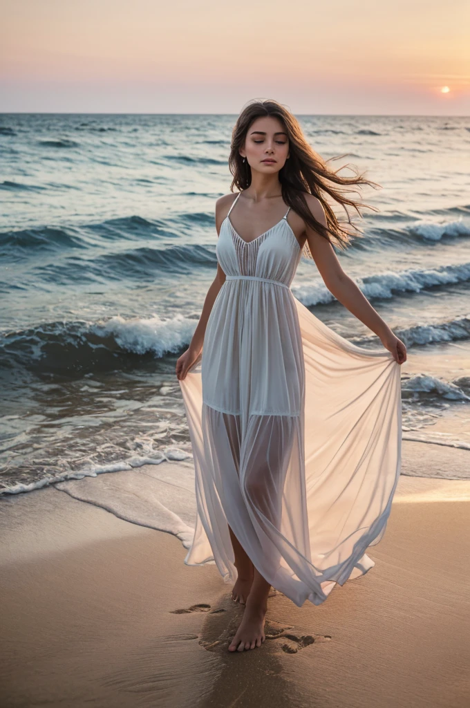The Georgian girl at the sea, her flowing dress billowing in the wind, creating an ethereal sight. This exquisite oil painting captures her grace and vulnerability as she stands on the sandy shore. The soft hues of the sunset cast a warm glow on her delicate features, while the gentle wind delicately tousles her hair. The image radiates a serene beauty, immersing viewers in the tranquility of the moment.