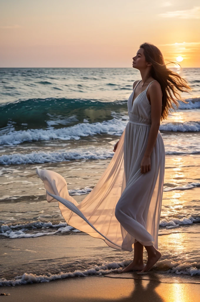 The Georgian girl at the sea, her flowing dress billowing in the wind, creating an ethereal sight. This exquisite oil painting captures her grace and vulnerability as she stands on the sandy shore. The soft hues of the sunset cast a warm glow on her delicate features, while the gentle wind delicately tousles her hair. The image radiates a serene beauty, immersing viewers in the tranquility of the moment.