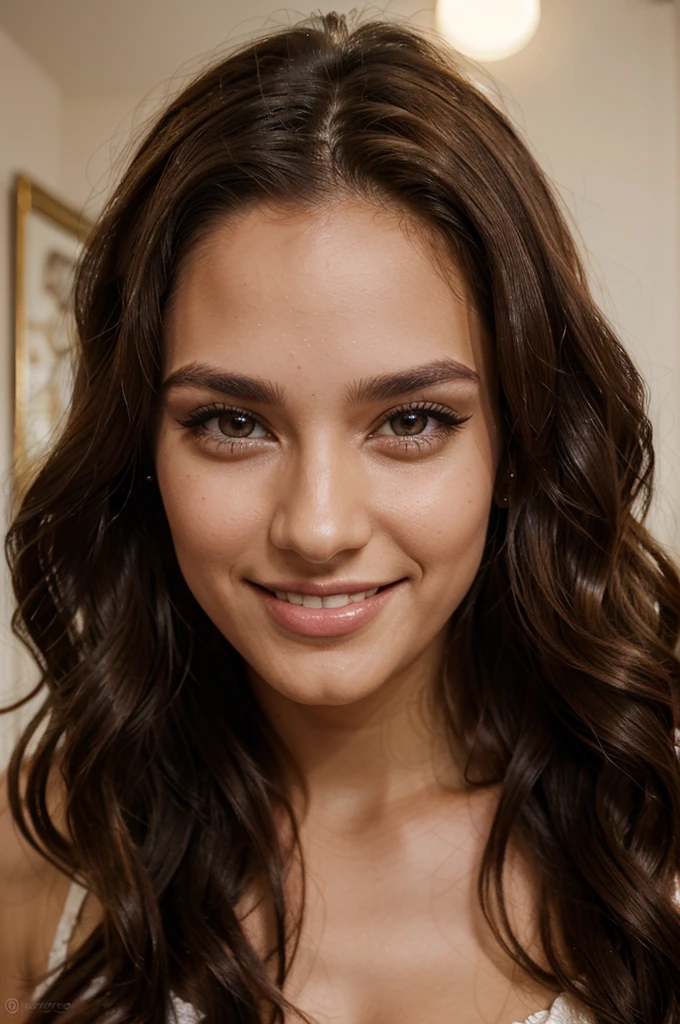 26 year old Latin glamor model, detailed eyes, eyelashes, forehead, long wavy hair, brown hair, looking at viewer, smile, with a lot of emphasis on the face
