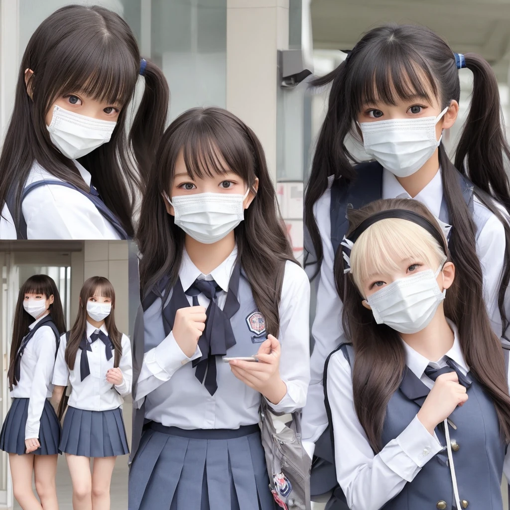 semi-long、mask、high school girl、cute、Double、uniform