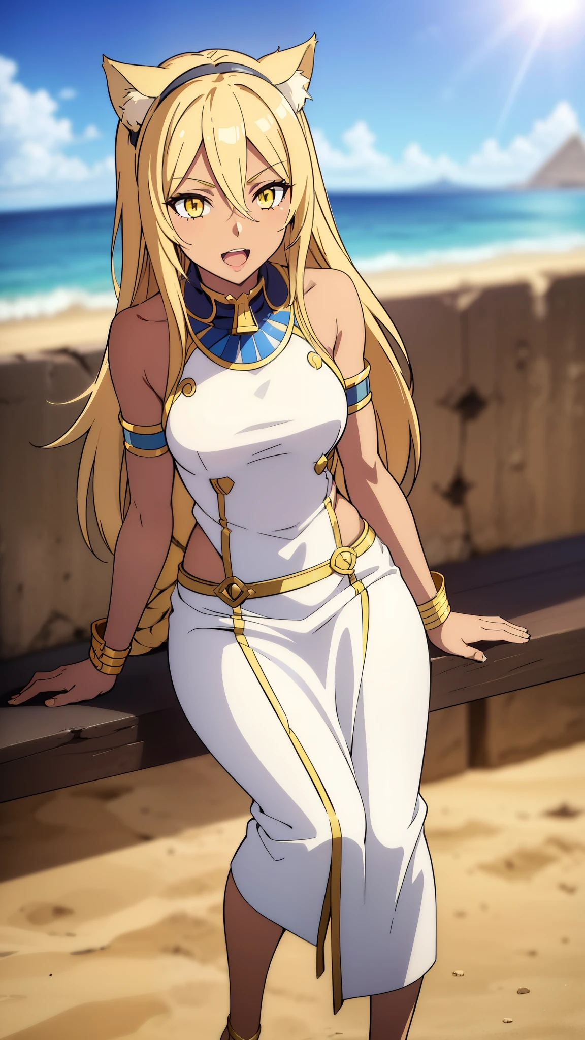 (1girl ,solo,20s,mature female),blonde hair,long hair,cat ears,yellow eyes,(((dark skin))),(Egypt, blue sky, sun),white egypt oufit,bare shoulders,looking at view,open mouth,smile