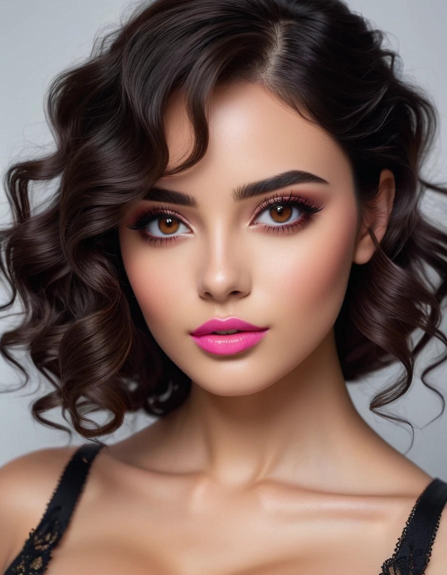 photorealistic Realism 16K Quality: (((Ultra resolution, absurd detailed detail quality, absurd quality details clear non blurry and sharp perfectly round realistic brown_eyes:1.35), extremely detailed:1.35)), ([long(lashes)|perfect(eyeshadows)]:[blue|pink]), (super Detailed, beautiful little nose:1.2), (perfect composition), Depth of field, cinematic light, Lens flare, (extremely beautiful lips, eyes), a cute 1model:1.4 24yo, dslr, best high quality soft lighting, sharp focus captured by Fujifilm XT3, f 5.6, in a dramatic lighting, ((extremely beautiful cute sharp-face)), ((V-line jaw)), (light pale complexion), ((finely detailed pupils:1.4)), Perfekt makeup:1.35, ((detailed symmetrical lips:1.3)), pink_lipstick:1.3, ((long eyeliner), extreme detailed:1.3), ((perfect dark_eyeshadows:1.35)), (Detailed nose:1.2), (perfect composition), (best high quality realistic texture skin), ((best high quality realistic texture long black hair, (curly waves), hyper Intricate details:1.45)), (Super beautiful body), (perfect female body:1.4), (small round head:1.4 (anatomically correct)), slim face, beautiful cheekbones, ((slim-muscled body:1.24)), ((firm and full breasts)), (super detailed professional makeup on face:1.3), perfect composition, (pale skin), ((dry skin)), (photorealistic, 4k,8k, insanel realistic details, masterpiece), vibrant:1.2, (Upper body shot), ((highly elaborate extravagant microscopic street outfit:1.25)), perfect composition, ((look at the viewer)), Hasselblad, 85mm f/4.0
