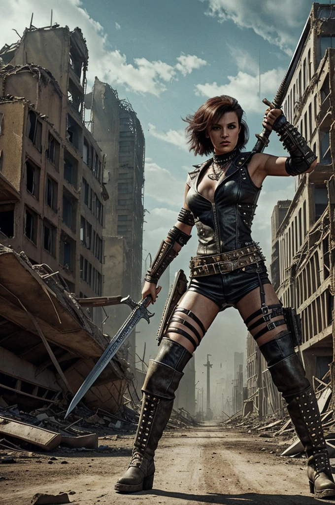 wasteland warrior woman with outfit wearing leather and studded boots looking attractive, aggressive and rocker with an eighties look taking down horrible humanoid mutant monsters with a sword inside a post apocalyptic city in ruins all perfectly located, coherently provided and detailed without errors with quite dynamic movements and excellent perspective with retro vintage 1985 realistic painting style