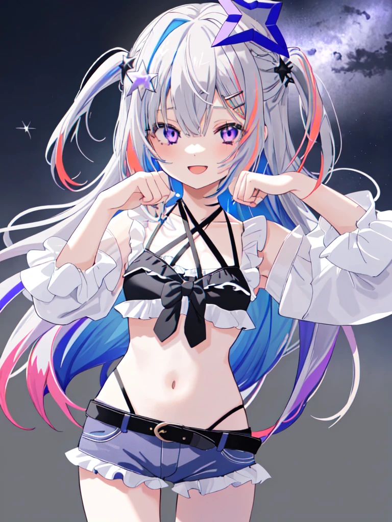 1girl, long hair, multicolored hair, official alternate hair length, grey hair, colored inner hair, blue hair, purple eyes, halo, star halo, hair ornament, looking at viewer, bangs, open mouth, two side up, frills, hairclip, cowboy shot, sea, Short pants bikini, bikini, smile