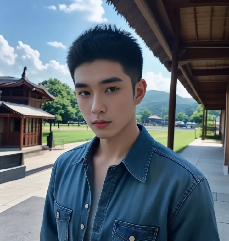 Haraf man looking at camera, perfect has a round face, Southeast Asian man with a round face, 3-D profile picture, 8K, 45,000,000 pixcls, realistic light colors, beautiful young asian man, Asian man, charming anime, Comfortable pose, Anime Asian man in real life, Handsome man with perfect body,Wear a jeans shirt., Freestyle photo of a handsome young man, ผู้Asian manที่สวยงาม, The character is in her natural pose.,